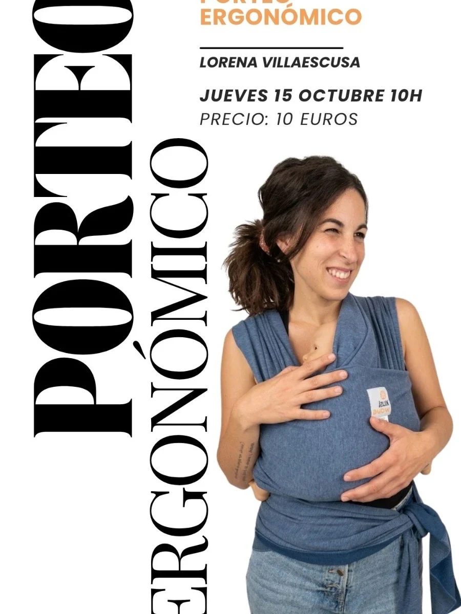 Cartel del taller online de porteo ergonómico con Lorena Villaescusa, jueves 15 de octubre a las 10 h, 10 euros